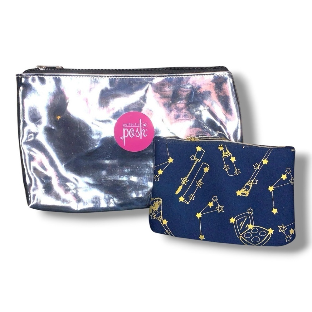 Lot Of 2 Makeup Bags Cosmetic Ipsy Perfectly Posh Blue Gold Stars Silver.